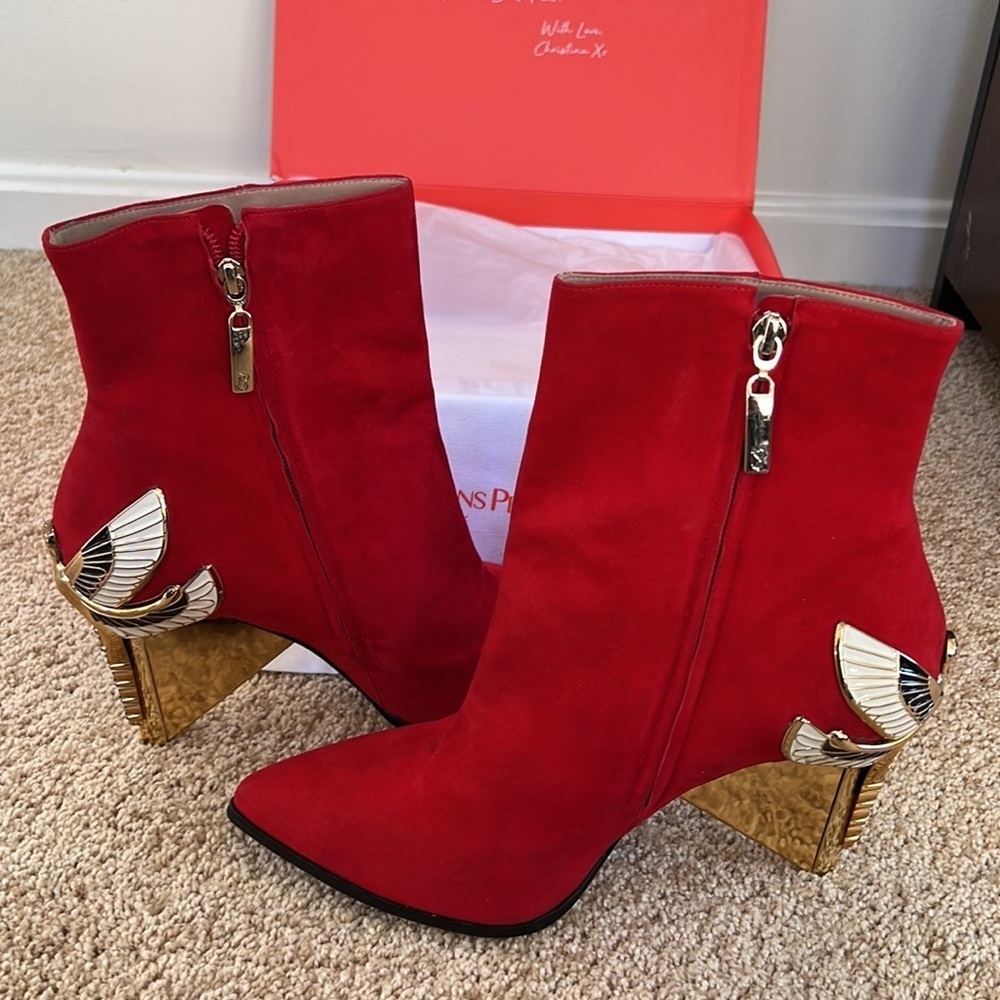 FEMMES SANS PEUR Size 41 red suede Aurora booties with Swarovski crystal insers